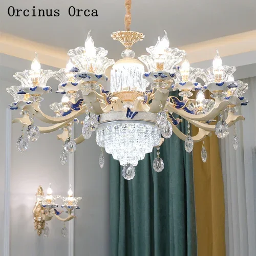 

European blue painted ceramic chandelier villa living room dining room bedroom French luxury new creative Crystal Chandelier