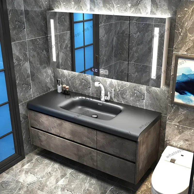 

yj57 Italian minimalist black wash basin bathroom cabinet combination toilet washstand smart bathroom cabinet