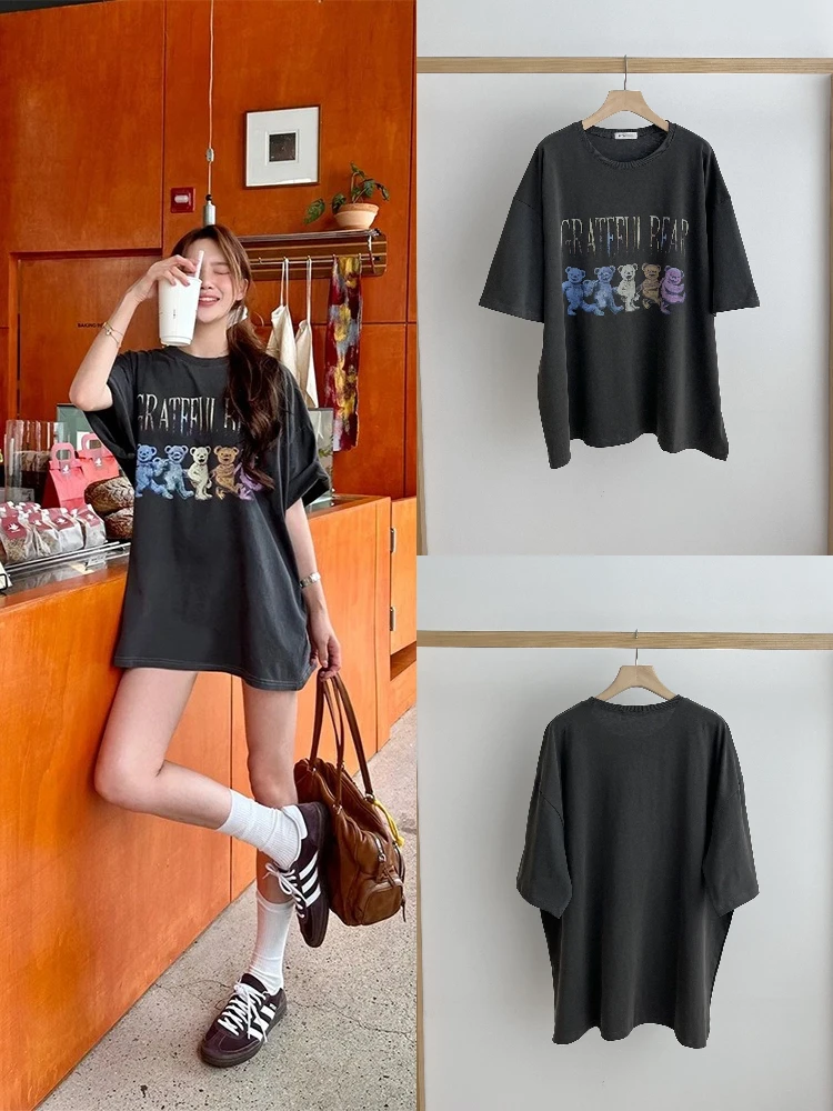 

Крутая футболка с мультяшным принтом, свободная, средней длины, винтажный, круглой топ со светом Ne для женщин, летняя мода