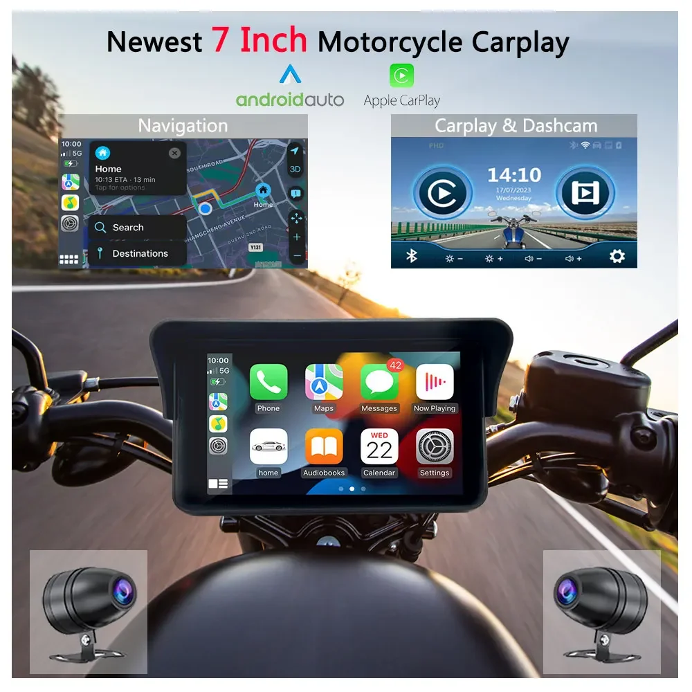 7 Inch 1080P Dual Lens Support Phone BT Earphone Wireless Connect MT7001 Motorcycle Carplay with Car Dash Camera