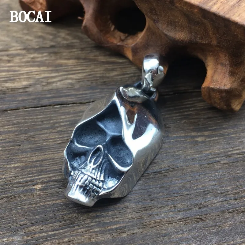 BOCAI New S925 Sterling Silver Diablo Retro Vintage Fine Carving Ghost Death Skull Pendant.