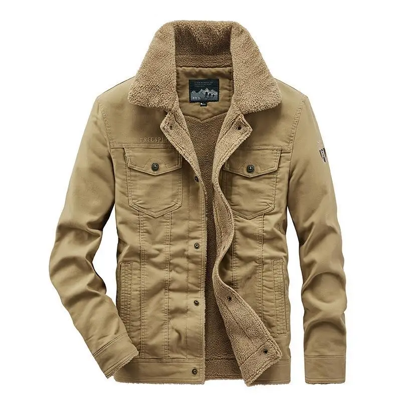 Large Size Men's Foreign Trade Jacket, Middle-aged Men's Plush and Thickened Lapel Jacket, Multi Pocket Work Jacket