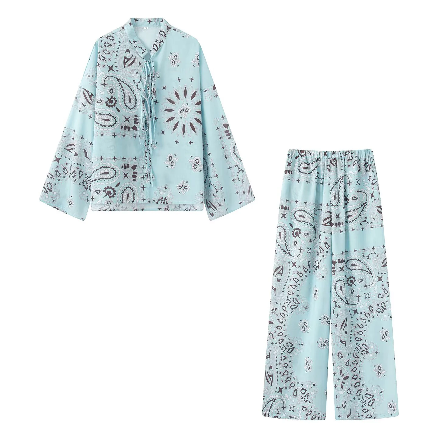 Summer new women's loose fit style lapel long sleeved butterfly machine lace up top+long casual pants set