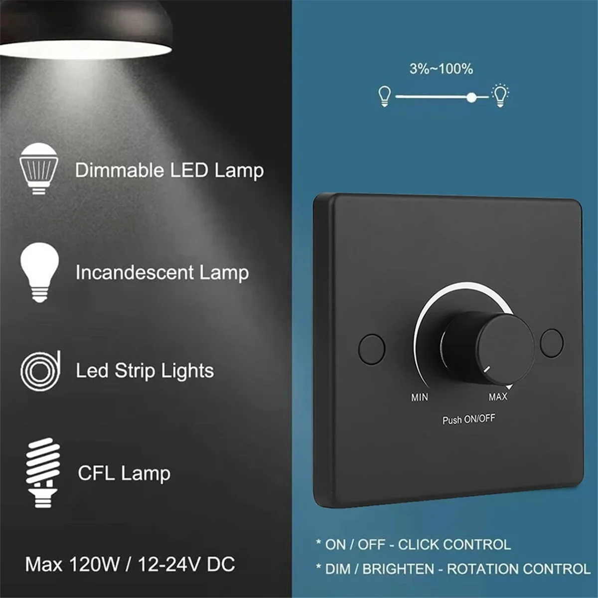 RV Light Dimmer Light Switch Control Panel 12-24V 5A Universal PWM Dimmer Low Voltage Dimmer