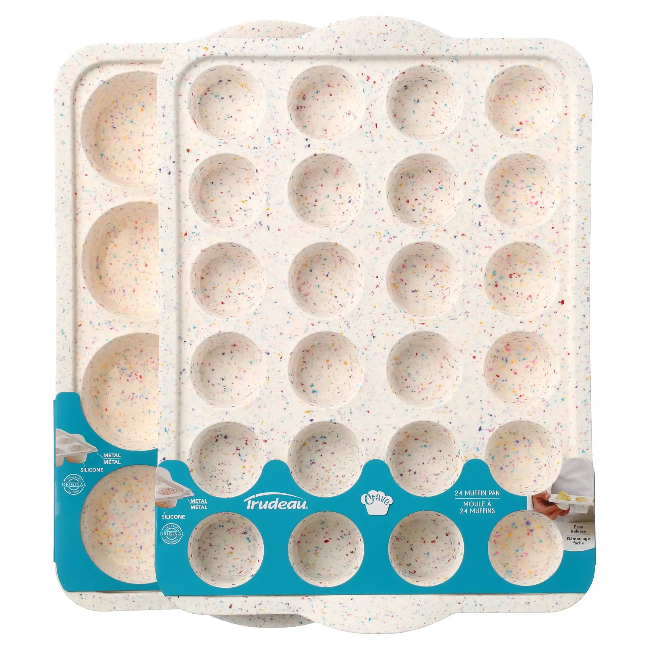 

Silicone 12 Count Muffin and 24 Count Mini Muffin Pans, 2 Pack, 2.75 in and 1.75 in Diameters, Granite, Dishwasher Safe, Easy
