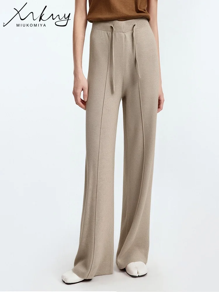 MiuKoMiYa Calças femininas largas de malha com cordão, calças soltas marrons quentes, cintura alta, retas, pernas largas, cortadas de malha, outono