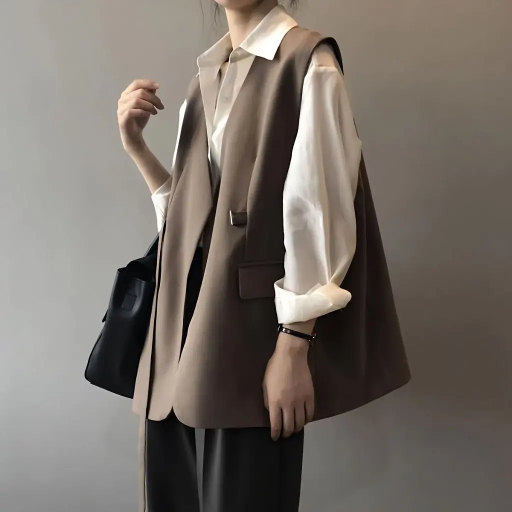 

Women's Brown V-neck Collarless Suit Vest Fashion Outerwear Spring Autumn Lace-Up Jacket French INS Style Top