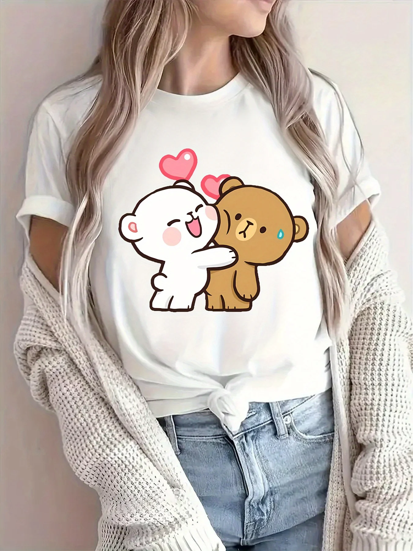 

Cute Bear Print T-shirt Women's Harajuku Short Sleeve Casual T-shirt Clothing Street Tops Tees Aesthetic Clothes