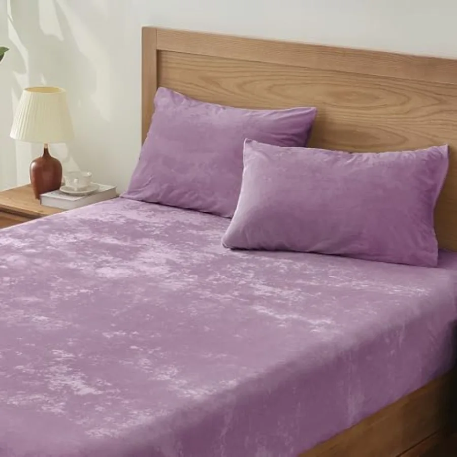 

Velvet Fitted Sheet and Pillowcases Set Luxury Soft Fuzzy Bottom Sheet with Reinforced Elastic Corner Straps Deep Pocket up to