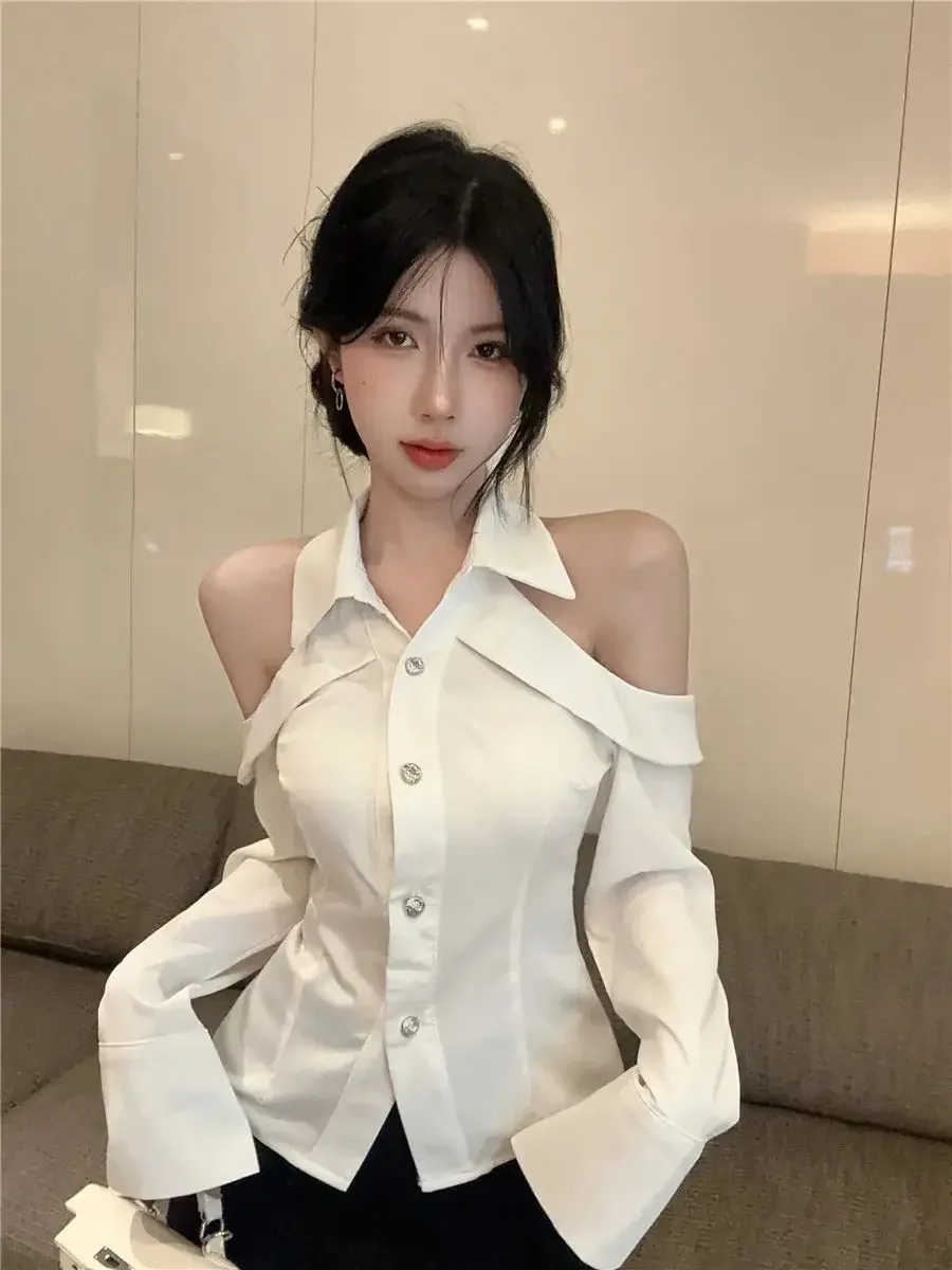 

Сексуальная женская рубашка, элегантный топ с открытыми плечами и длинными рукавами, нерегулярный отложной воротник, утягивающий темперамент, Blusas Mujer