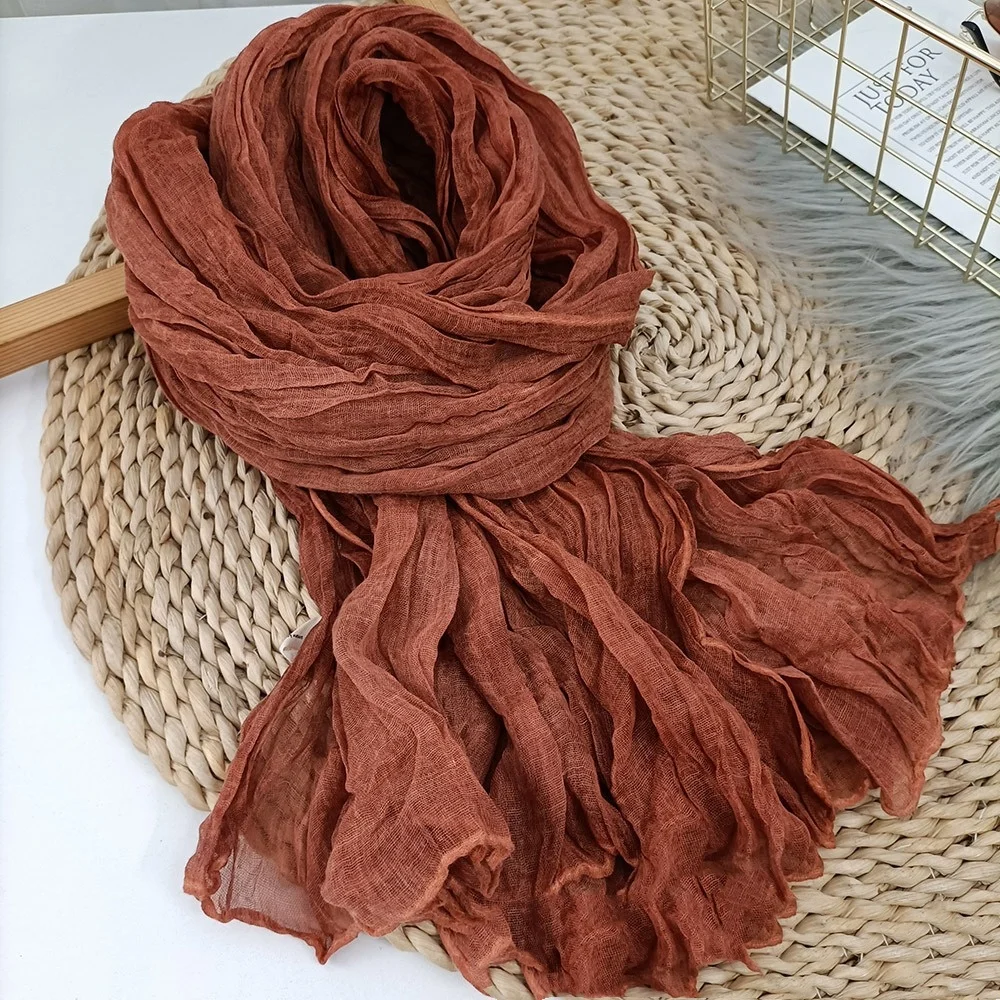 Cotton and Linen Thin Scarf Solid Color Female Literary Texture Fold Long Fried Dough Twists Intellectual Tie Dye National Shawl