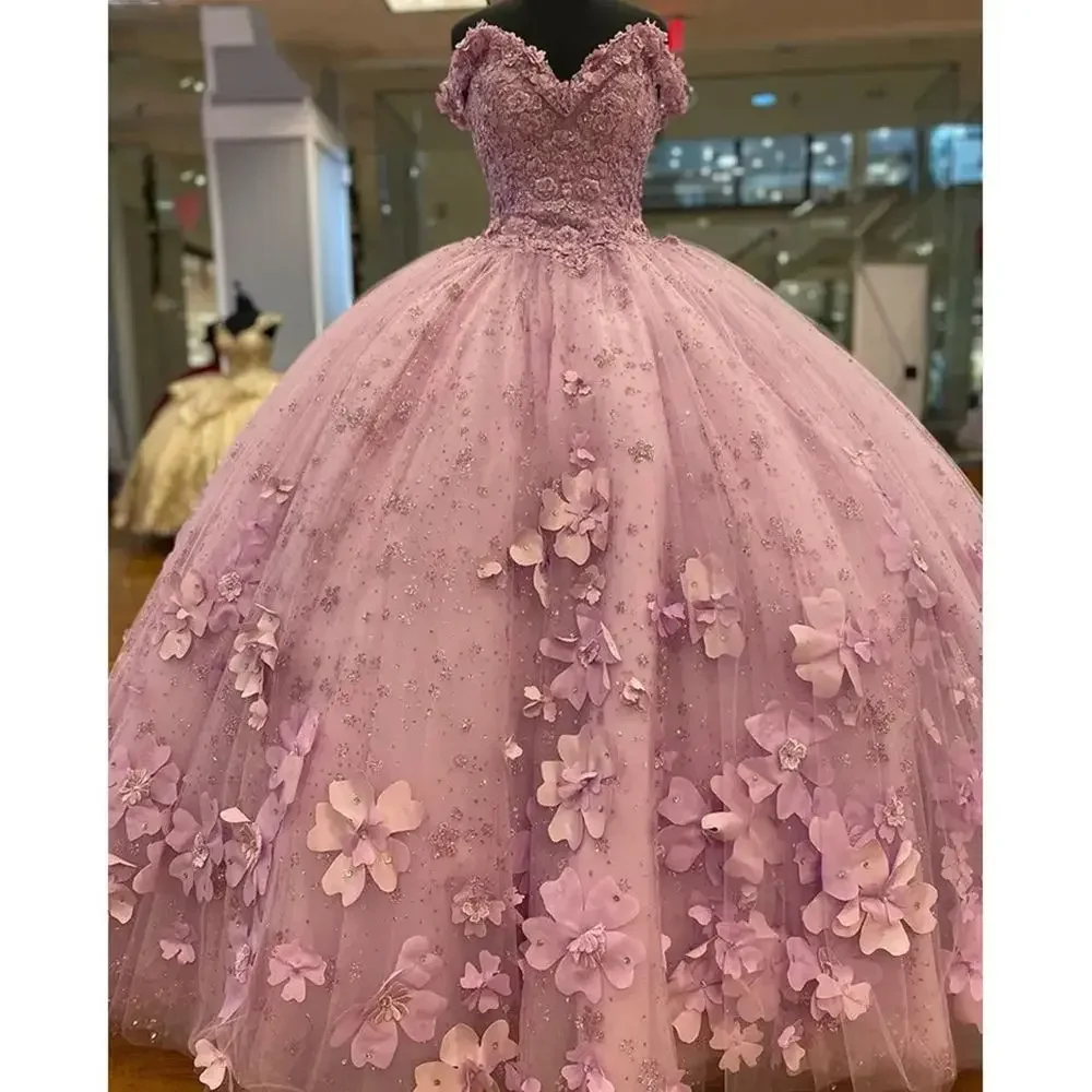 Vestido De baile rosa para quinceañera, vestido De Fiesta De cumpleaños, flor 3D, escote Corazón, 15 años, 2023