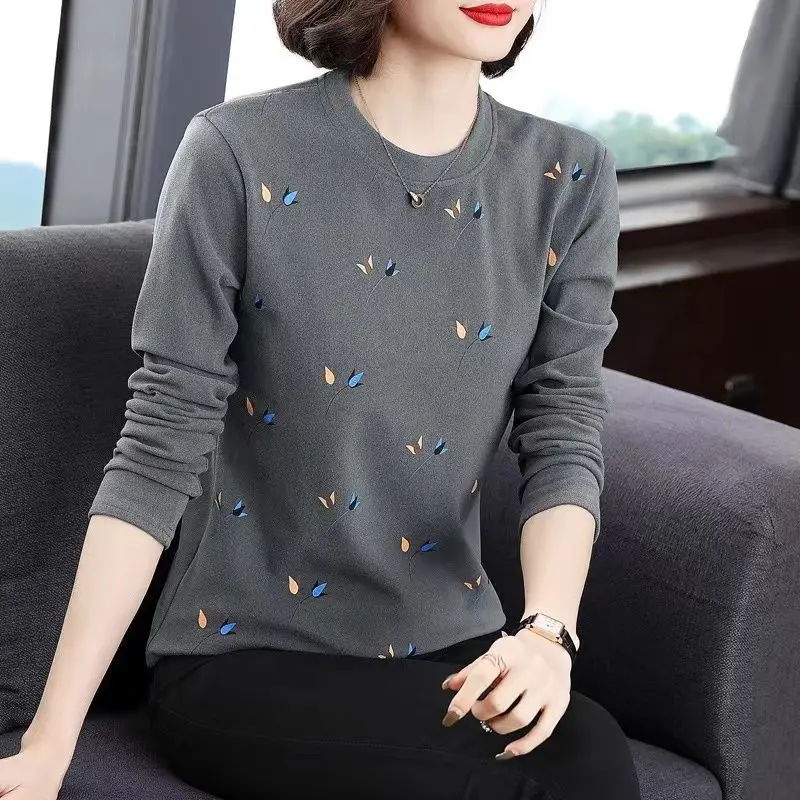 2023 New Women\'s Clothing Tops O-Neck Long Sleeve Thick Office Lady Commuter Autumn Winter Casual Printed All-match T-shirt