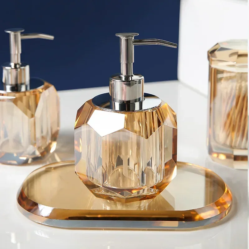 

High Quality Crystal Bathroom Decoration Accessories, Soap Dispenser, Shampoo Bottle, Storage Tray, Amber and Smoky Gray
