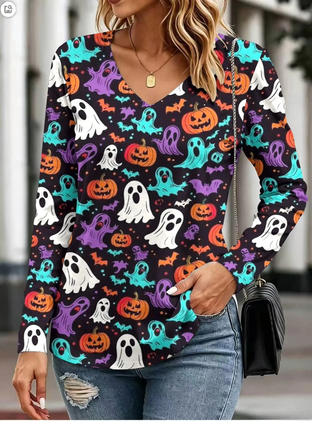 Women's Casual Tops Street Style Halloween Pumpkin Head Funny 3D Print Women's Loose V-Neck Long Sleeve T-Shirt Holiday T-Shirt 11 S04452eec015a4dca8e51ef812b572d4c2
