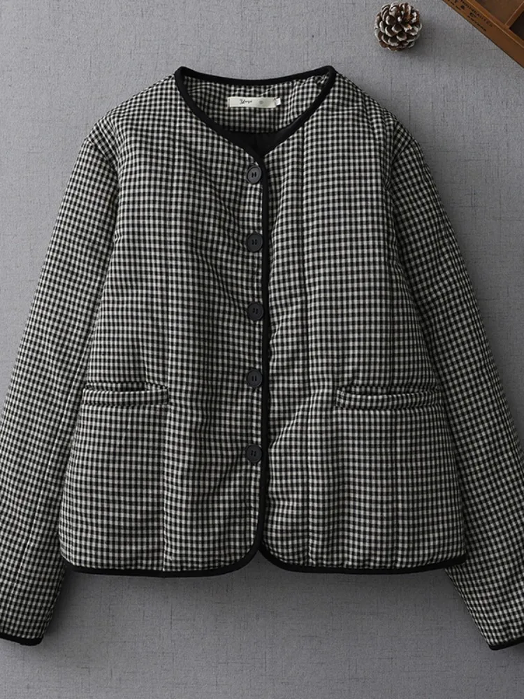 

Retro Thiened Cotton lin Plaid Women's Jaet ort Coat Warm Fitting Winter Outerwear Button ket Detail round Ne