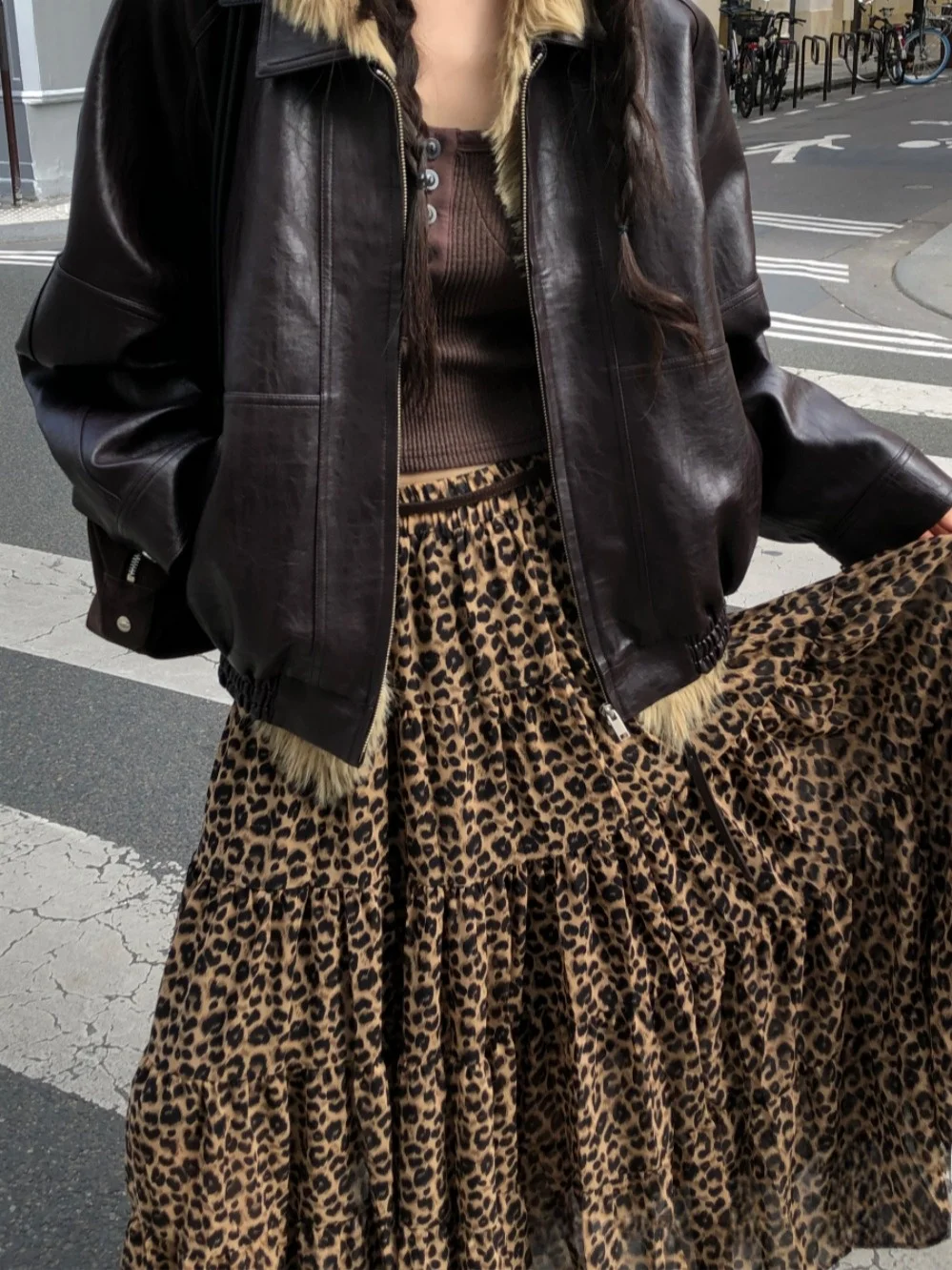 

Retro Chic High Waist Slimming Leopard Print A-Line Maxi Skirt Long Women's Faionable f-length Skirts Spring Autumn Winter