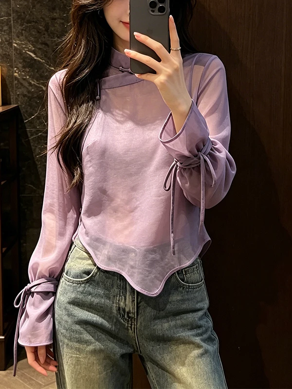 Large Size New Chinese Style Purple Semi-Transparent Anti-Aging Versatile Small Shirt Summer 2026 New Exclusive Shirt Top