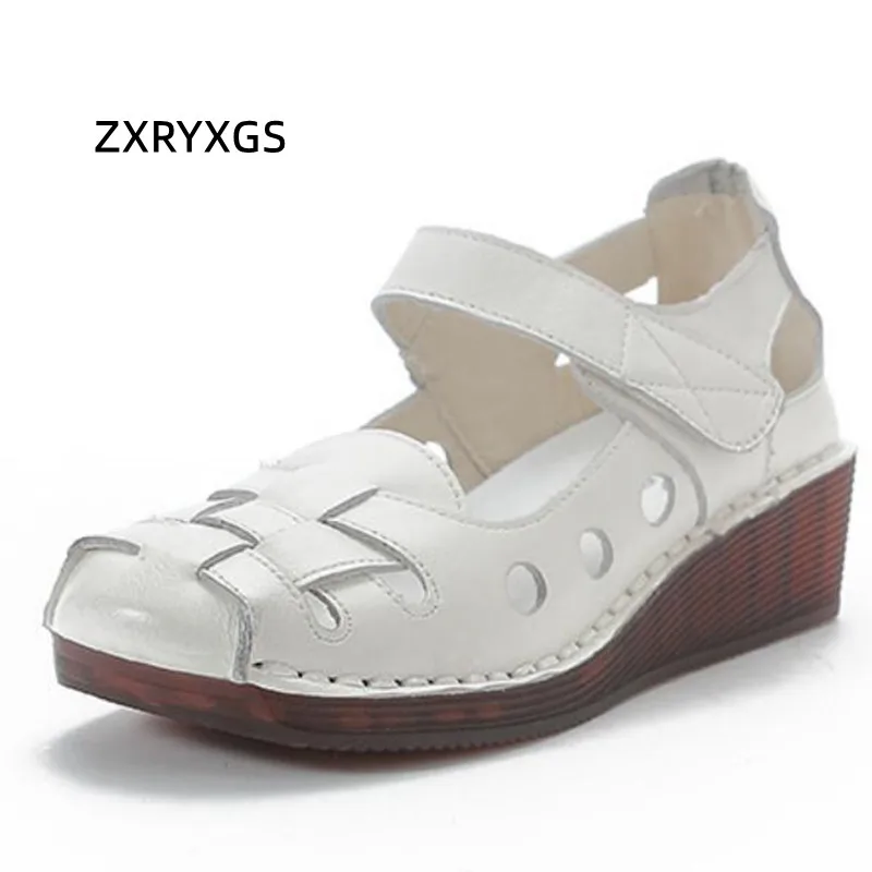 

ZXRYXGS Cowhide Woven Hollow Leather Sandals Comfortable Soft Sole Wedges Sandals 2024 New Elegant Fashion Sandals Women Shoes