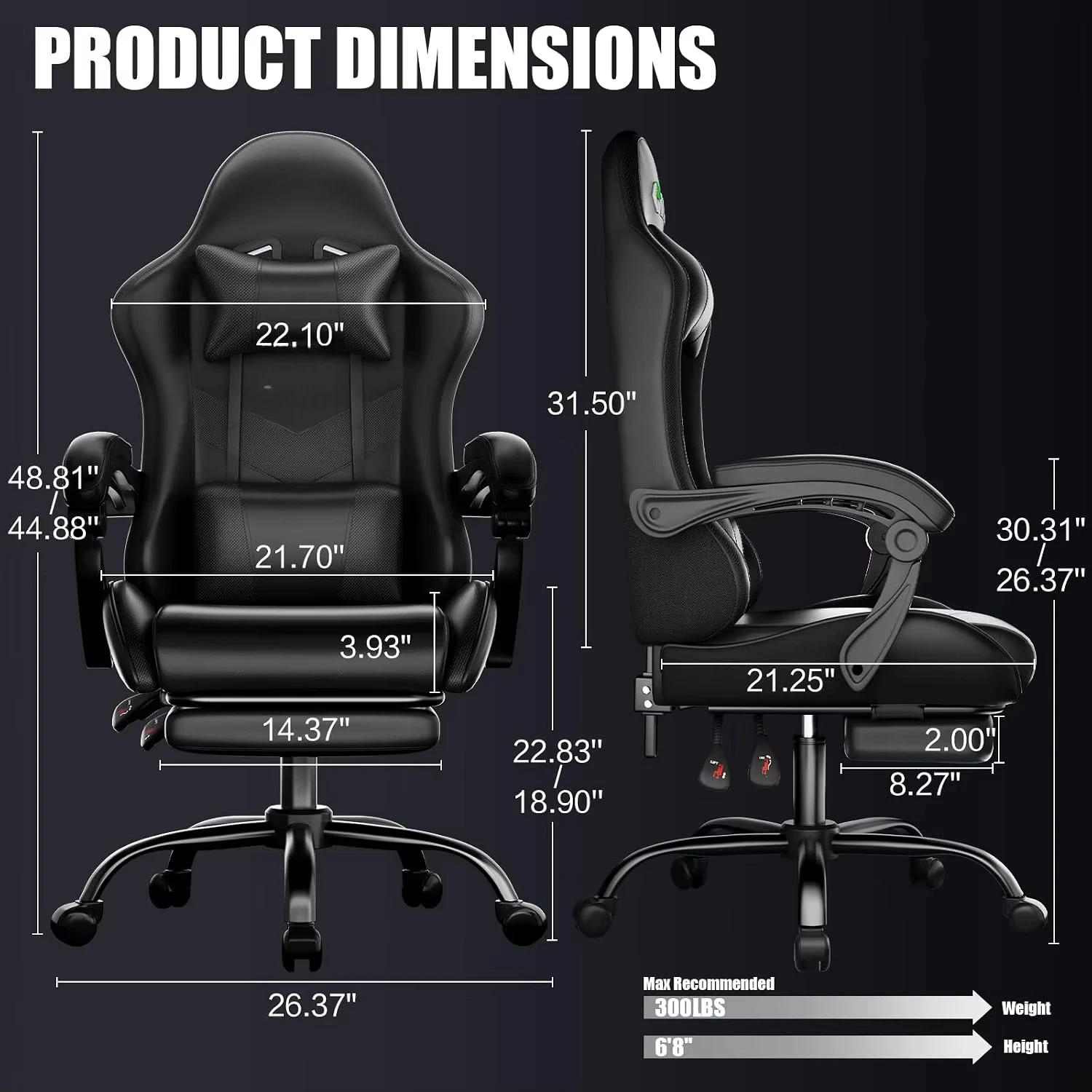 Gaming Chair with Footrest Racing Style Lumbar Support Massager Video Game Chair with Metal Legs, High Back Gamer Chair, Custom