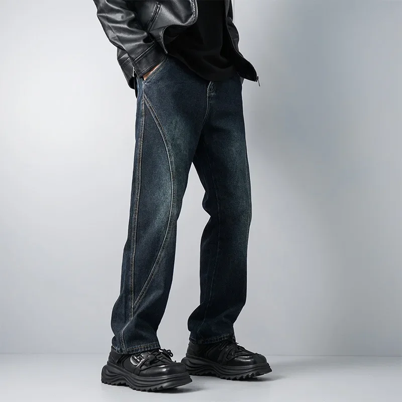 

LIBIELIY Four Seasons Men's American Vintage New Fashion Spliced Dark Blue Jeans Pants Loose Casual Trendy Straight Denim Trous