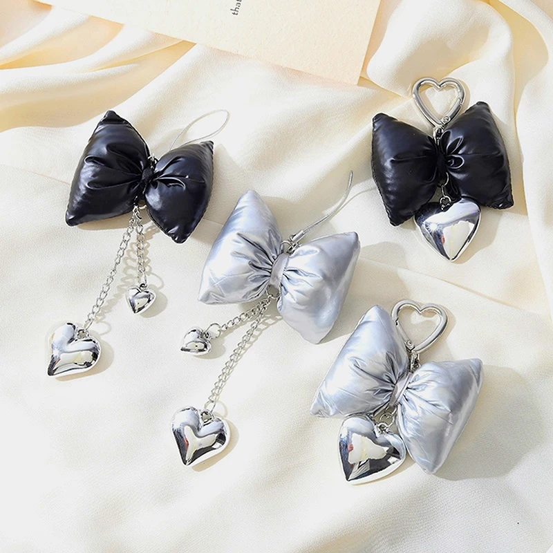 Y2K Silver Candy Color Keyring Pendant 3D Bowknot Heart Keychain Sweet Cool Girls Phone Chain Fashion Jewelry Accessories