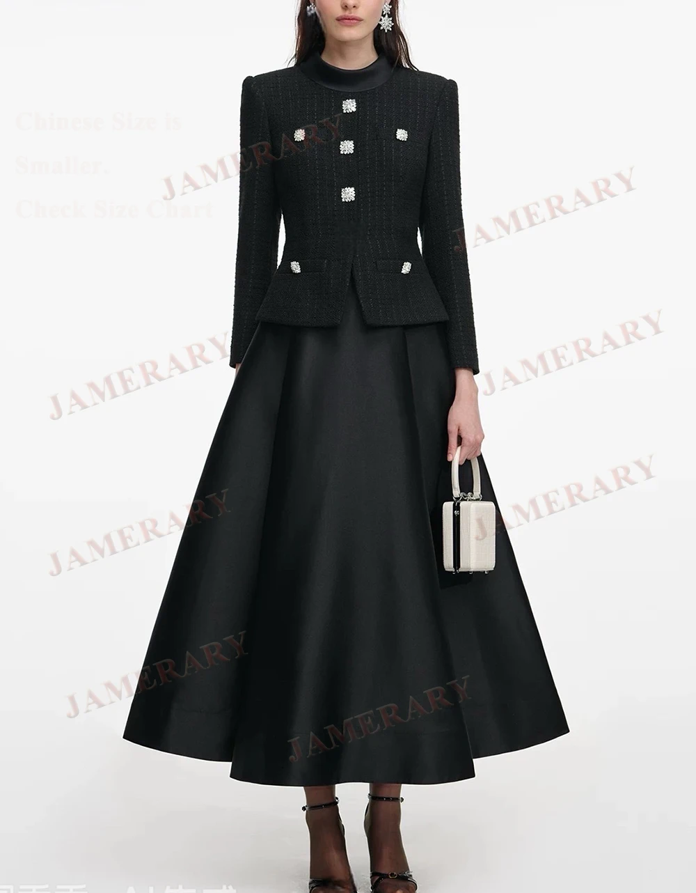 Qualität Marke Frühling Herbst Gefälschte Zwei Stück Lange Kleider Frauen Einreiher Diamant Woolen Tweed Satin Winter Kleid Luxus