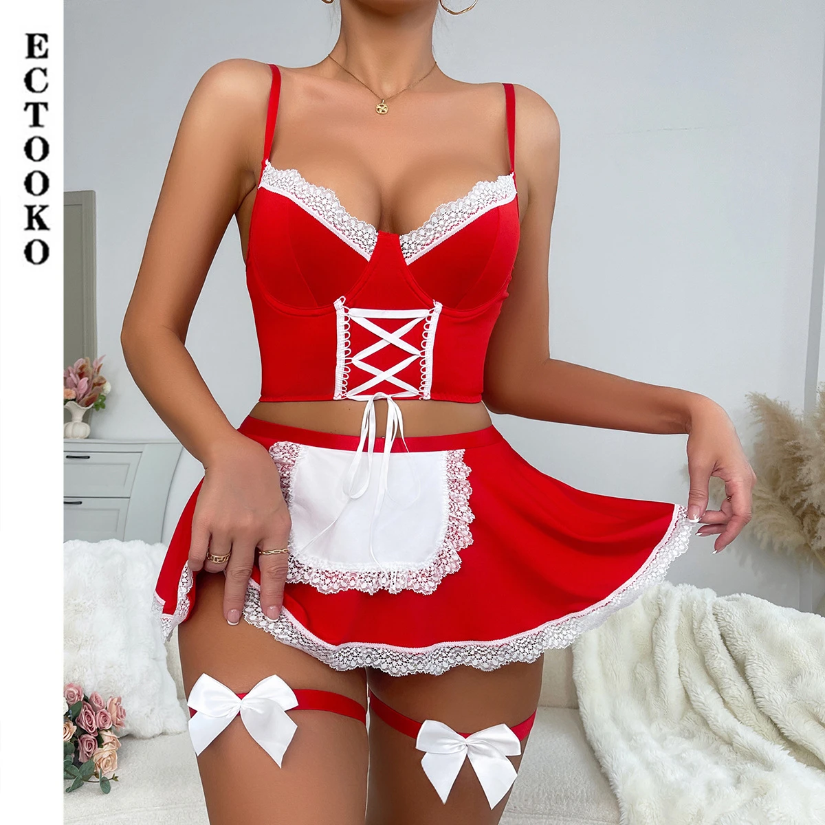 ECTOOKO Erotic Lingerie Sexy Strap Pure Lust Temptation Passion Maid Clothing Naughty Maid Role-playing Uniform Set