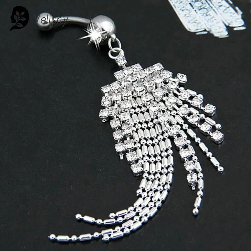 1Pc Surgical Steel Crystal Rhinestone Dangle Belly Button Ring Fashion Body Jewelry Clear Gem Tassel Navel Piercing 316L