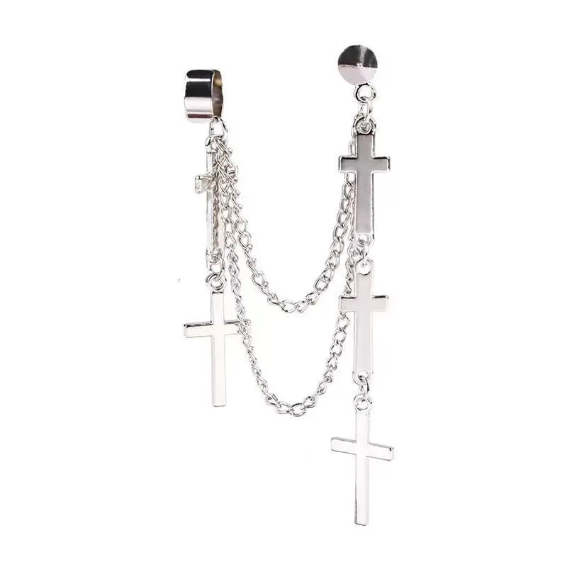Unisex Punk Cross Tassel Earring Clip Women Exaggerated Modern Metal Christian Chain Drop Dangle Earrings Gothic Hip Hop Jewelry