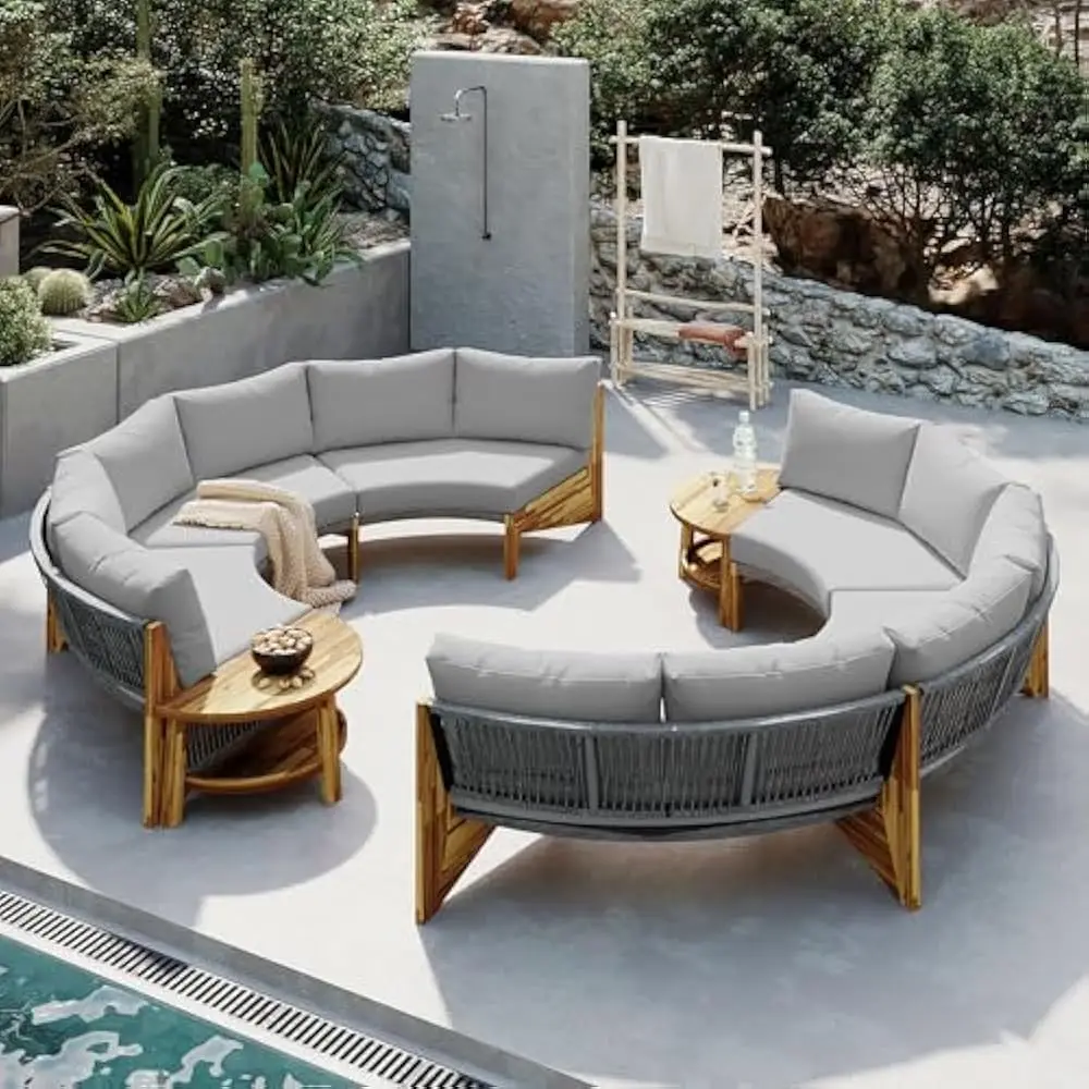 

6-Person Outdoor Seating Group w/ Cushions and A Coffee Table, Half Moon Outdoor Sectional Sofa Set, Garden Furniture Sets