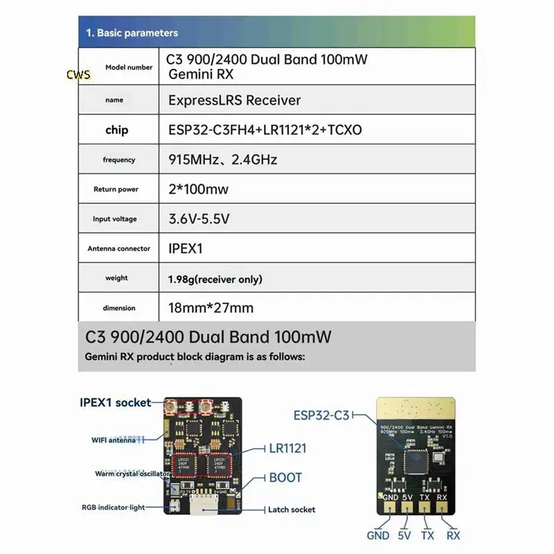 

ELRS Receiver 915M/2.4G Dual-Band 100Mw Gemini Receiver RX Module ESP32-C3 Chip Forrc FPV Traversing Drones Parts