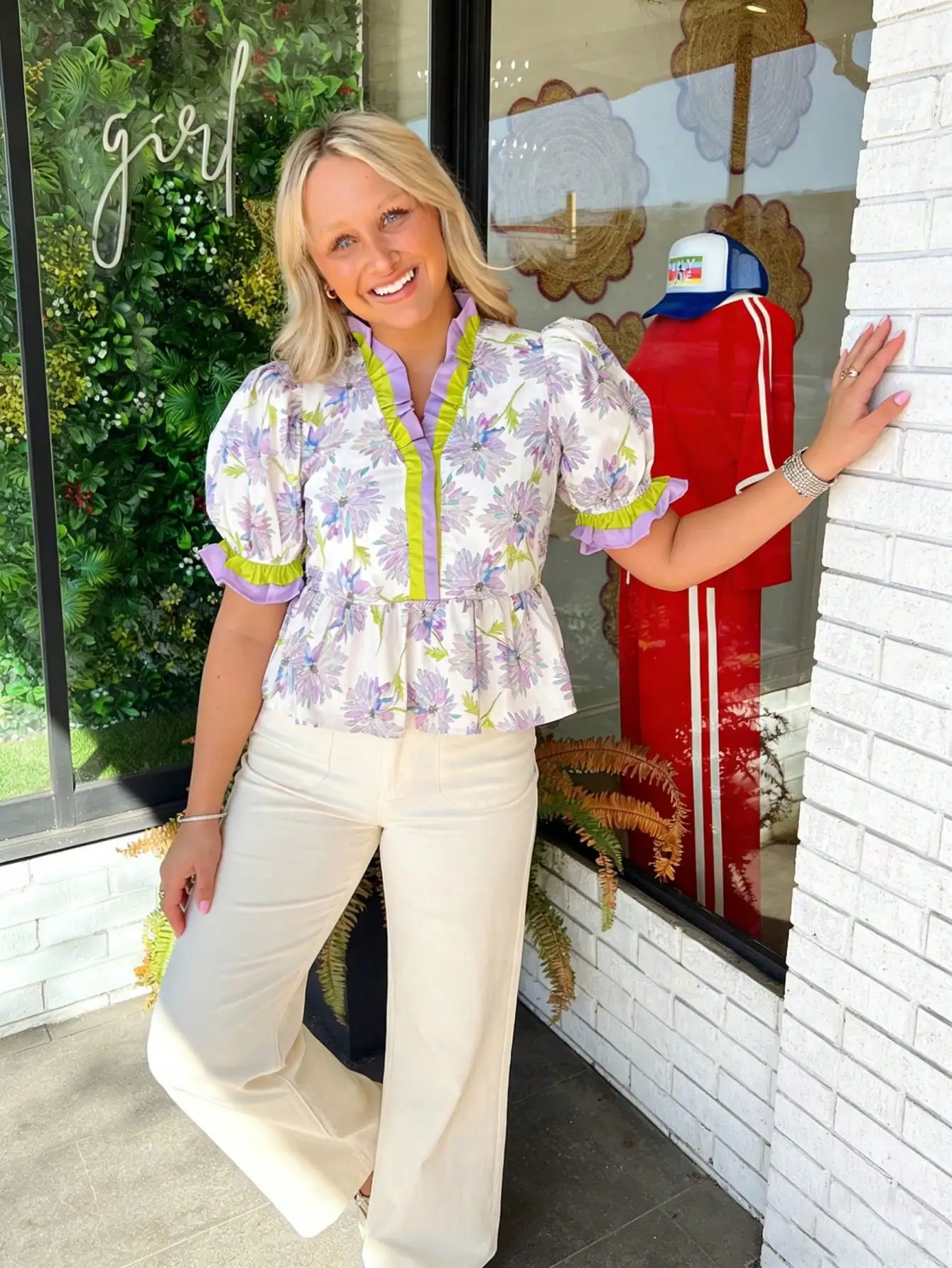 

Women's Floral Blouse Stand Collar Puff Sleeve Ruffled Trim Dressy Top Office Casual