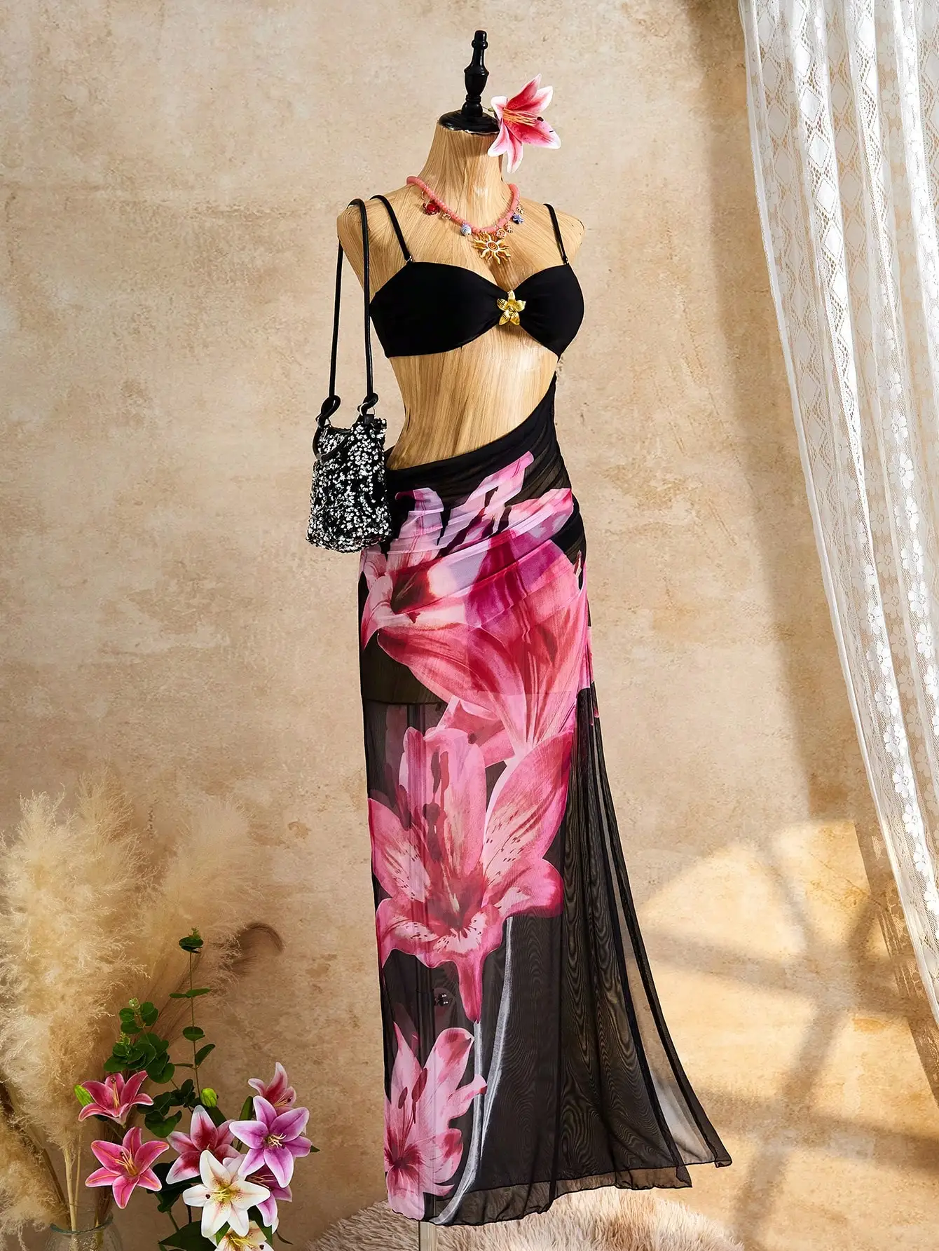 

Womens 3-Piece Beach Set: Adjustable Strap Bikini Top, Floral Sheer Wrap Skirt Cover Up