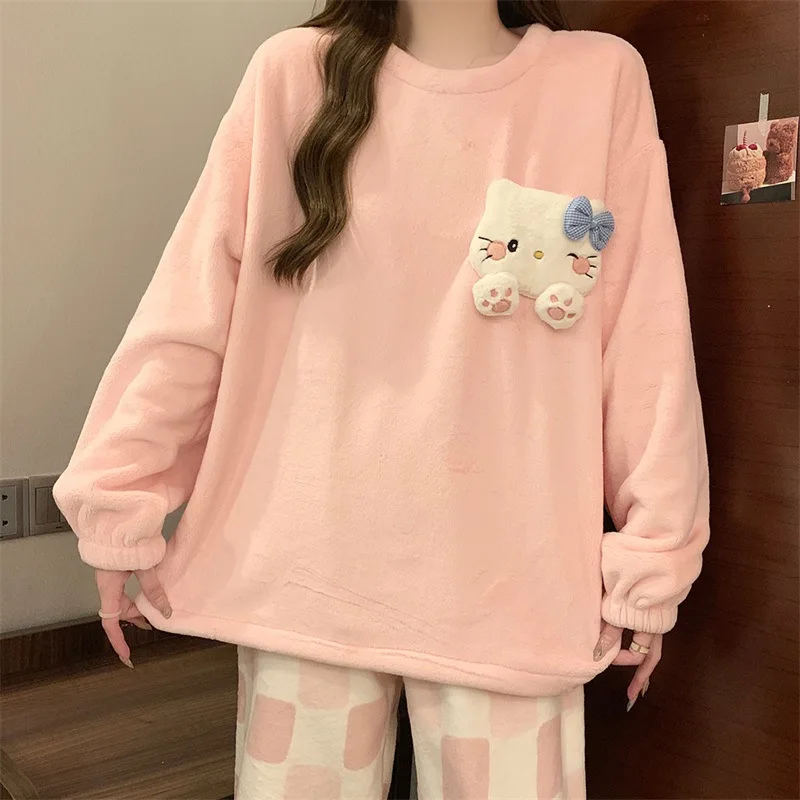 Kawaii Hello Kitty Coral Velvet Pajamas Pajamas Y2K Girls Autumn Winter Thickened Long-Sleeved Tops Cute Casual Home Wear Set