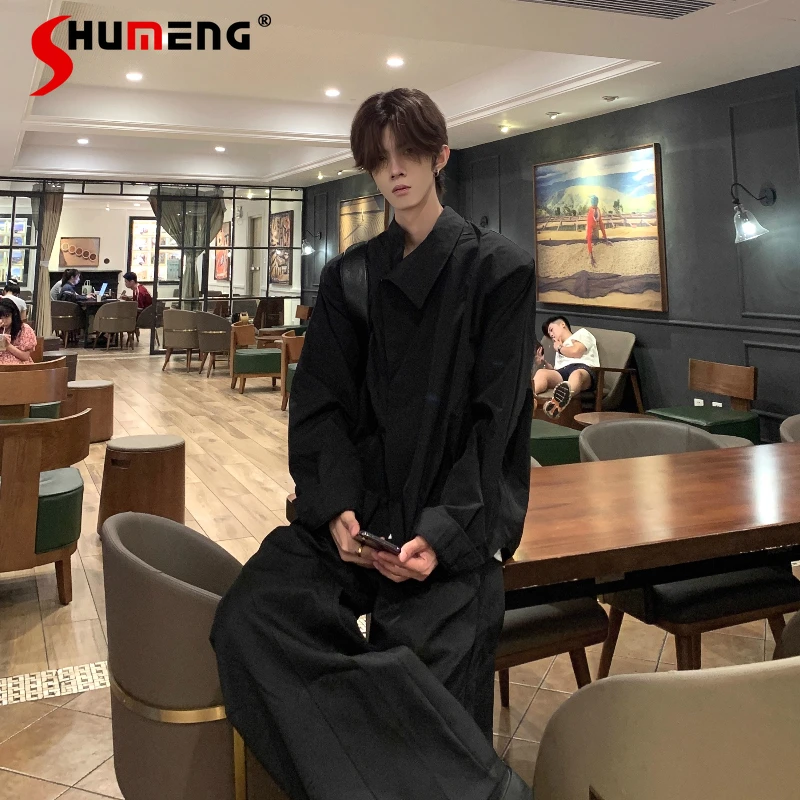

Men's 2025 Autumn New Chic Tops Loose Versatile Trendy Padded Shoulder Shirts Simple Design Irregular Collar Long Sleeve Shirts