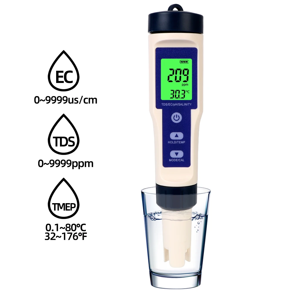 5 in 1 PH/TDS/EC/SALT/TEMP Temperature Hydrogen-rich Meter Water Quality Detector Purity Measure Tool