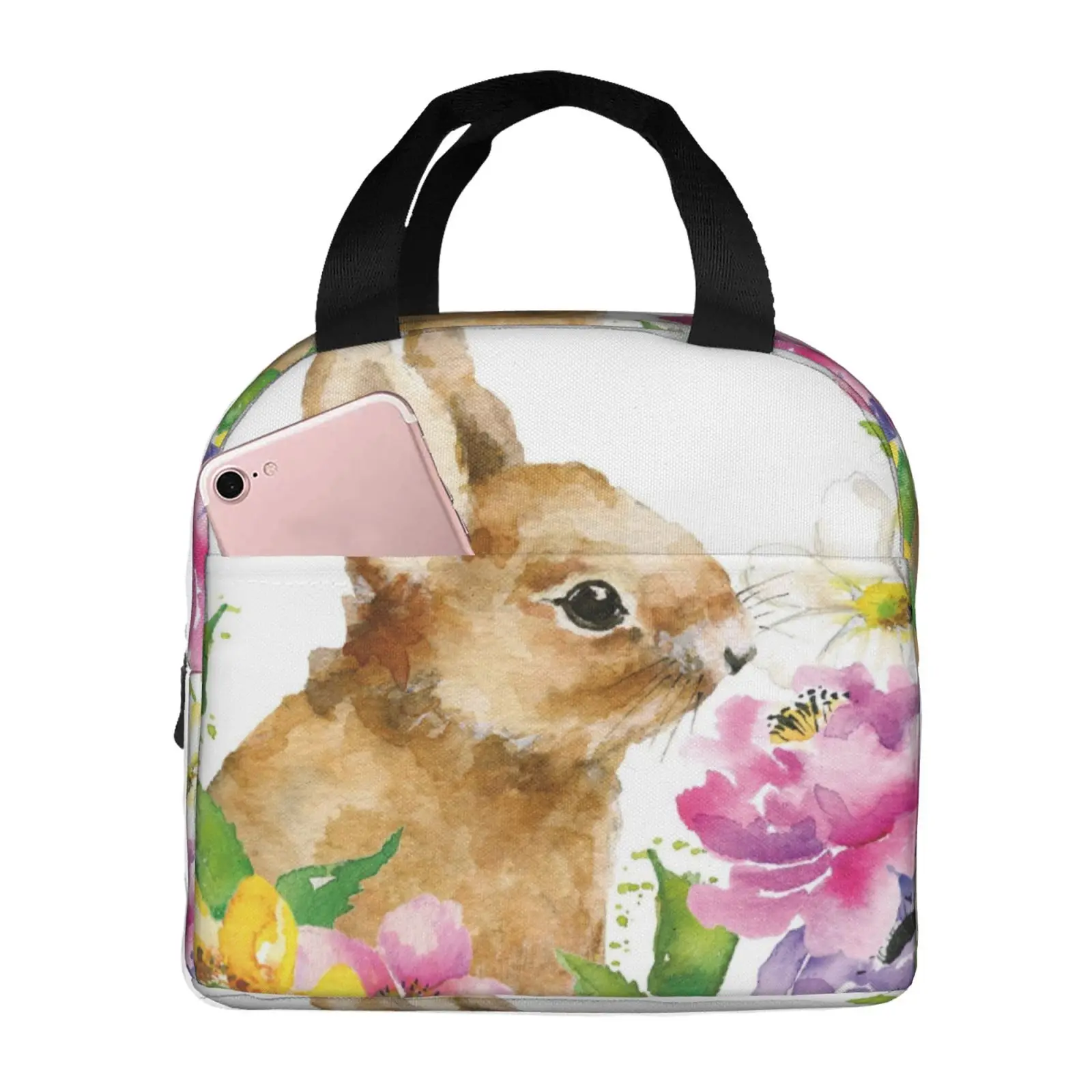 Cute Watercolor Rabbit Insulated Lunch Bag for School Office Nursing Portable Thermal Cooler Lunch Box Women Men