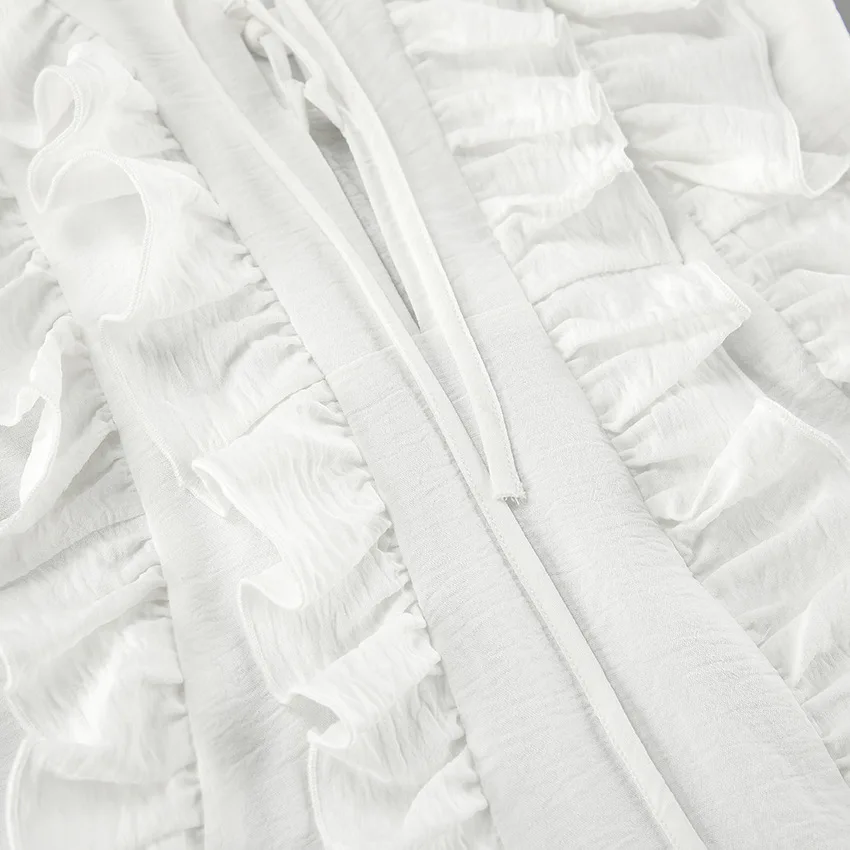 Jhjn branco feminino mini vestido profundo decote em v em camadas babados vestido rendas mangas alargamento vestidos mini saia sexy vestido de festa elegante