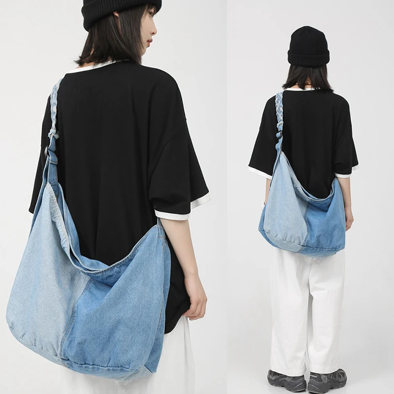 

Women Denim Tote Crossbody Bag Large-capacity Crossbody Bag for Women Trend Harajuku Retro Tote Handbag Leisure Messenger Bag