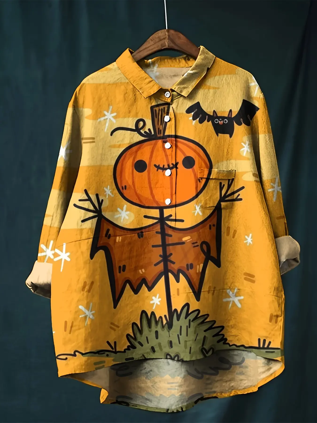 

2206 Women's Printed Collar Shirt - Oversized Loose Long Sleeve Top with Asymmetric Hem,halloween nightmare before the christmas