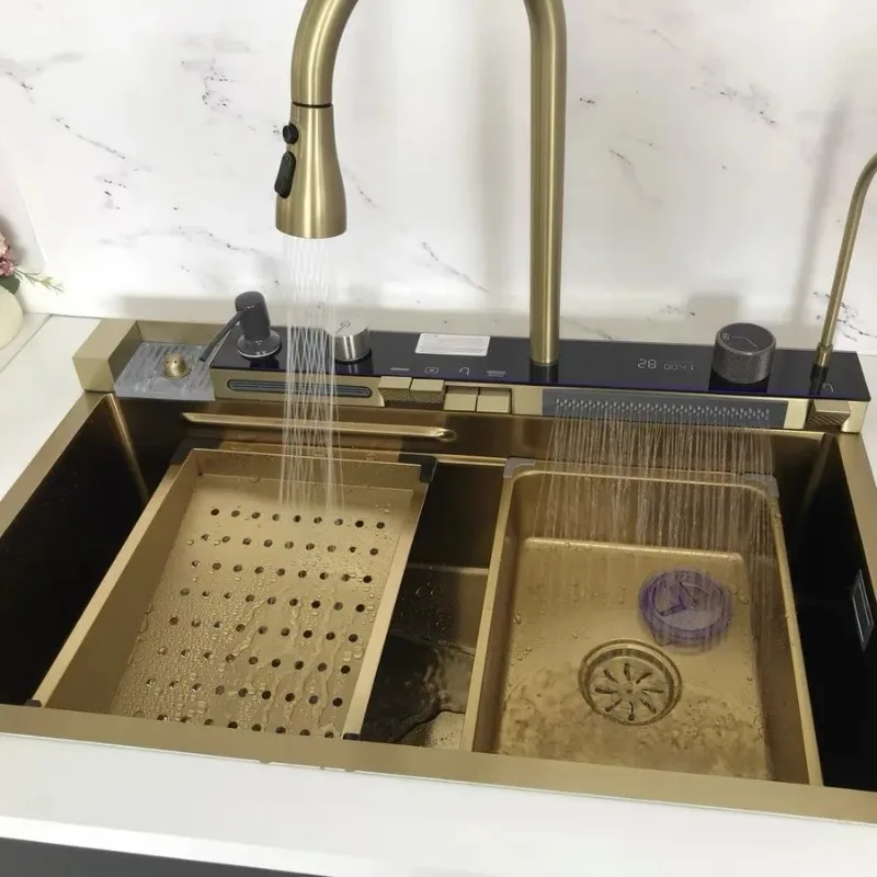 Best-selling Handmade Gold-plated Waterfall Faucet Multifunctional Stainless Steel Kitchen Sink