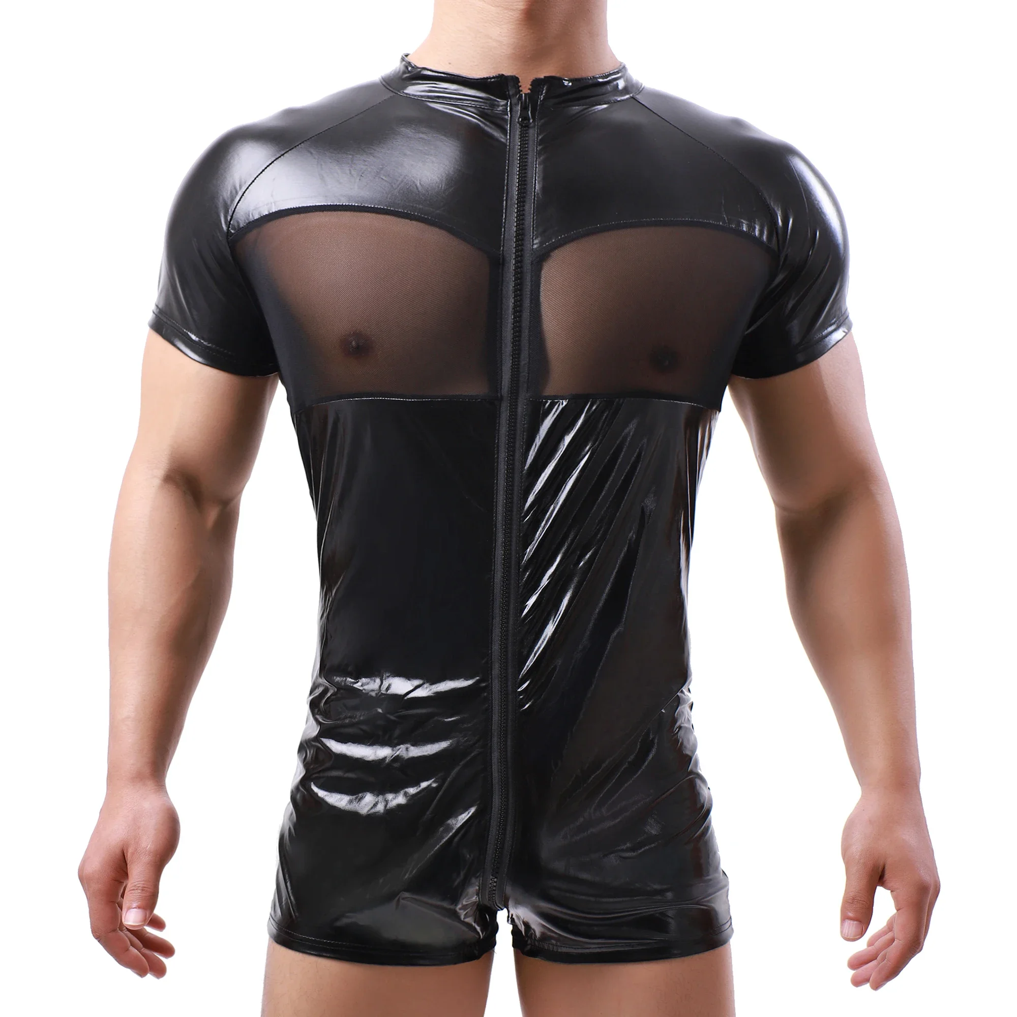 Sexy Mens Undershirts Faux Leather Wetlook Zipper Bodysuits One-piece Leotard Wrestling Singlets Boxers Jumpsuits Dance Clubwear