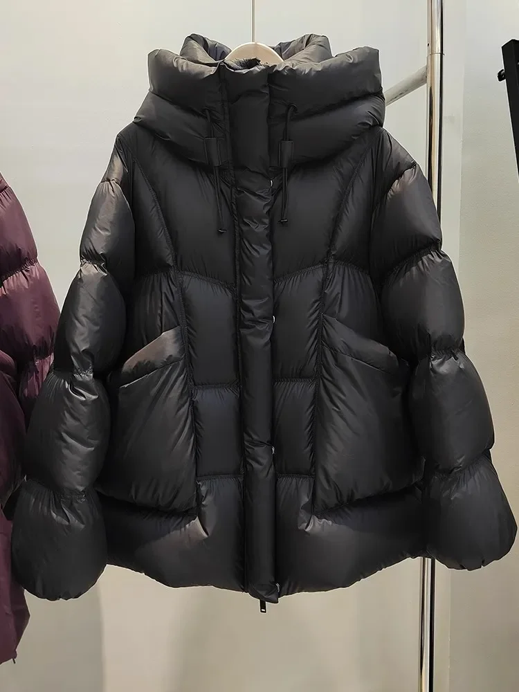 Verdickte Daunenjacke für Damen mit Kapuze, mittellang, Brotanzug, Winter, neuer Puff, warm, locker, koreanischer Chic, 90er-weißer Entenwähnungsmantel, weiblich