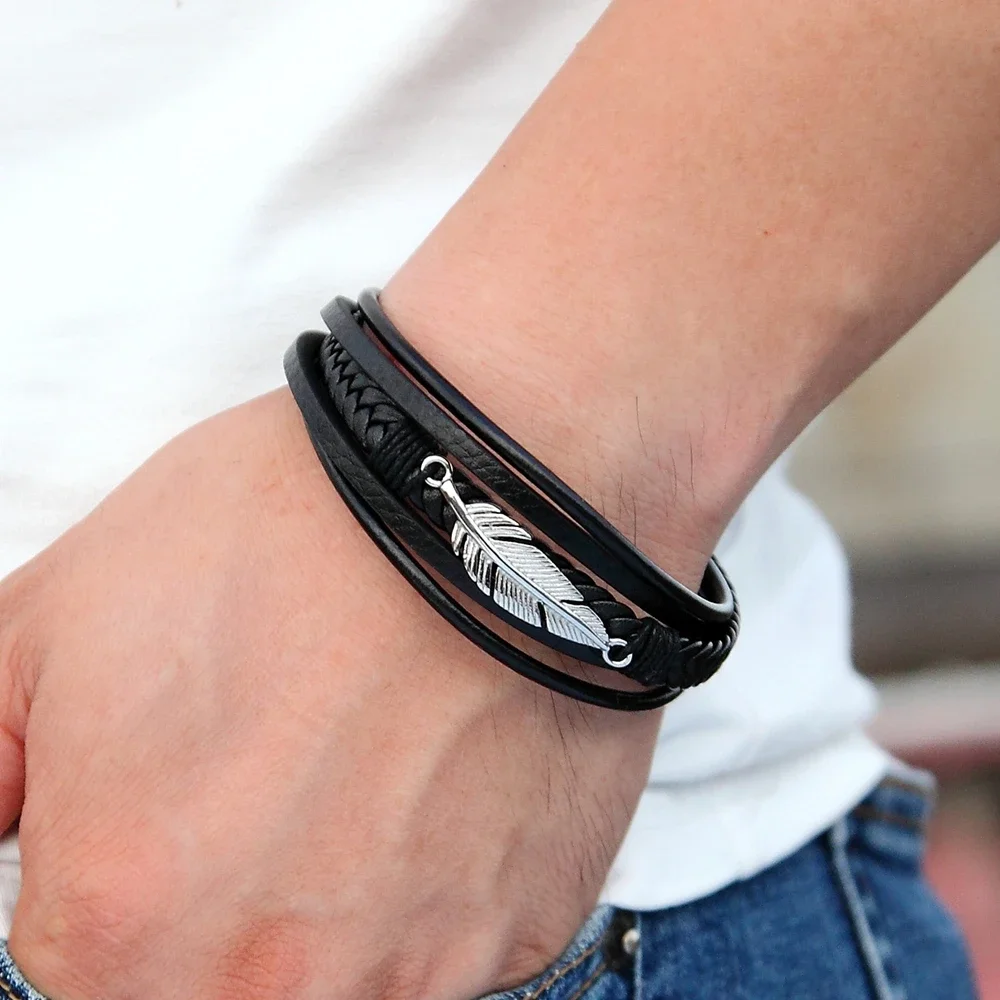 Multi-layer Leather Feather Shape Accessories To My Grandson Bracelet Stainless Steel Leather Bracelet Special Gifts To My Son