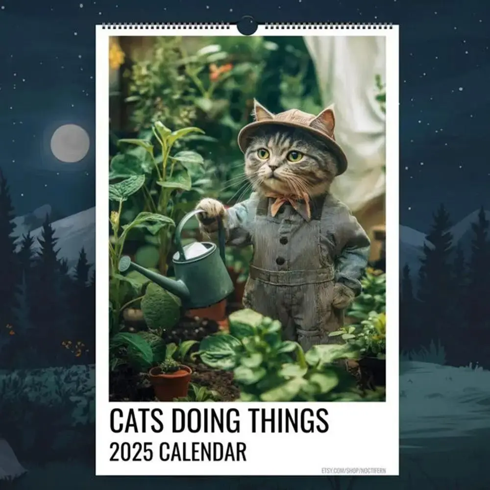 Thick Paper 2025 Calendar Monthly Planner Calendar Cat Illustration Wall Calendar Cat Imitating Human Movements Desktop Calendar