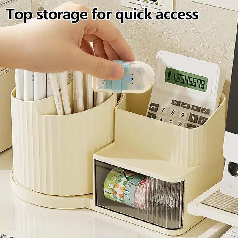 

Rotating Desk Organizer 360-Degree Rotating Desk Organizer Large Capacity Container With Drawer For Markers Makeup Brushes