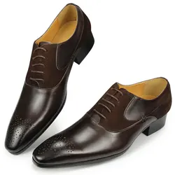 Luxury Mens Formal Brogue Shoes Brown Leather Oxford Shoes Fashion Handmade Patchwork Casual Shoes Business Retro Office