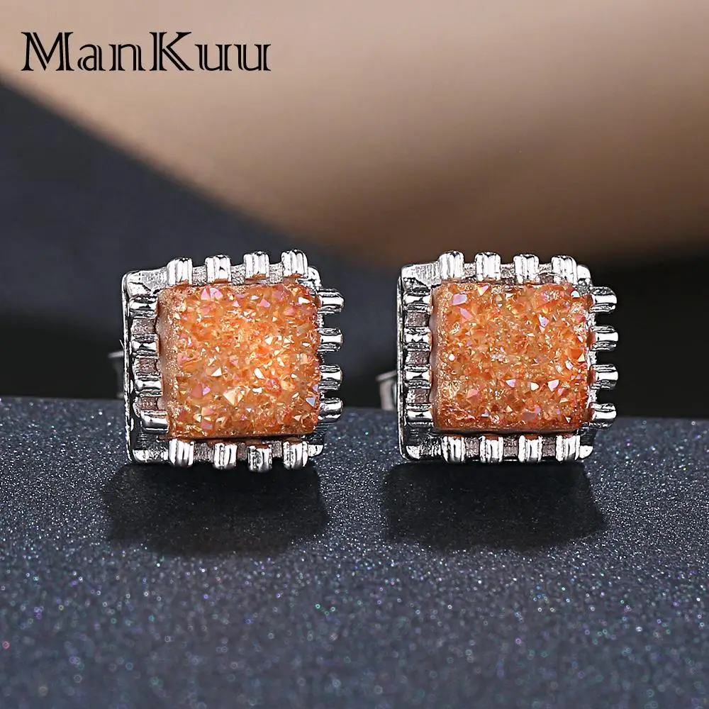 mankuu fashion 925 silver needle earring jewelry natural square shape druzy gemstone stud crystal earrings for women gifts