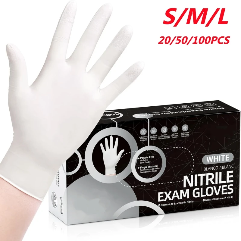 20/50/100PCS Disposable White Nitrile Gloves Household Cleaning Gloves Kitchen Cooking Tattoo Pet Tools Waterproof Latex Free